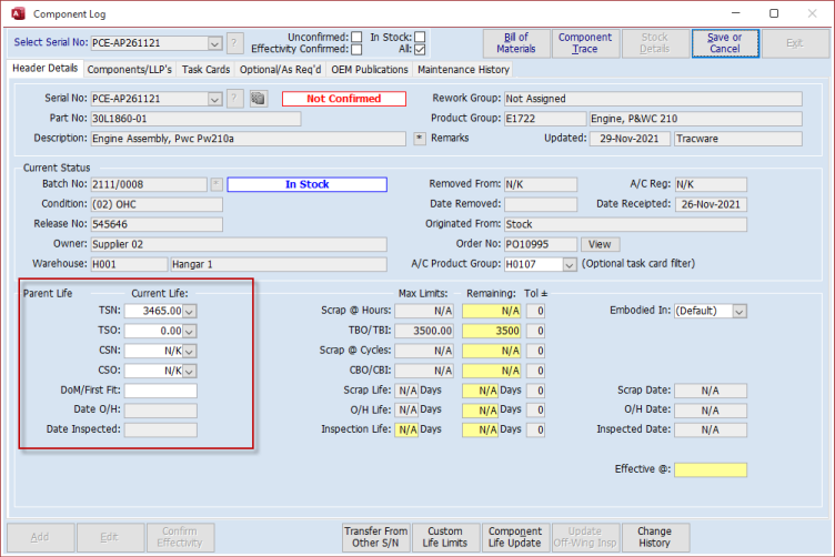 Component Log - Header Details