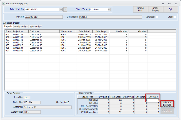 Edit Allocations By Part No