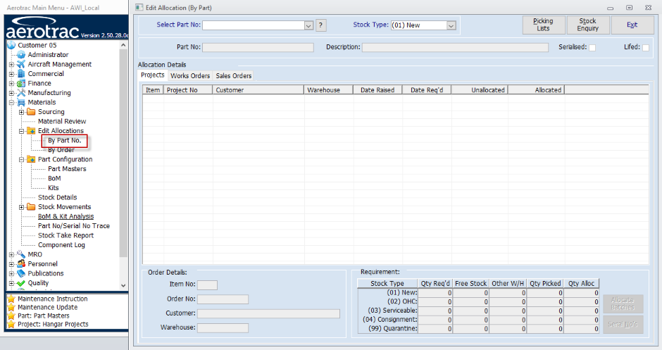 Edit Allocations By Part No